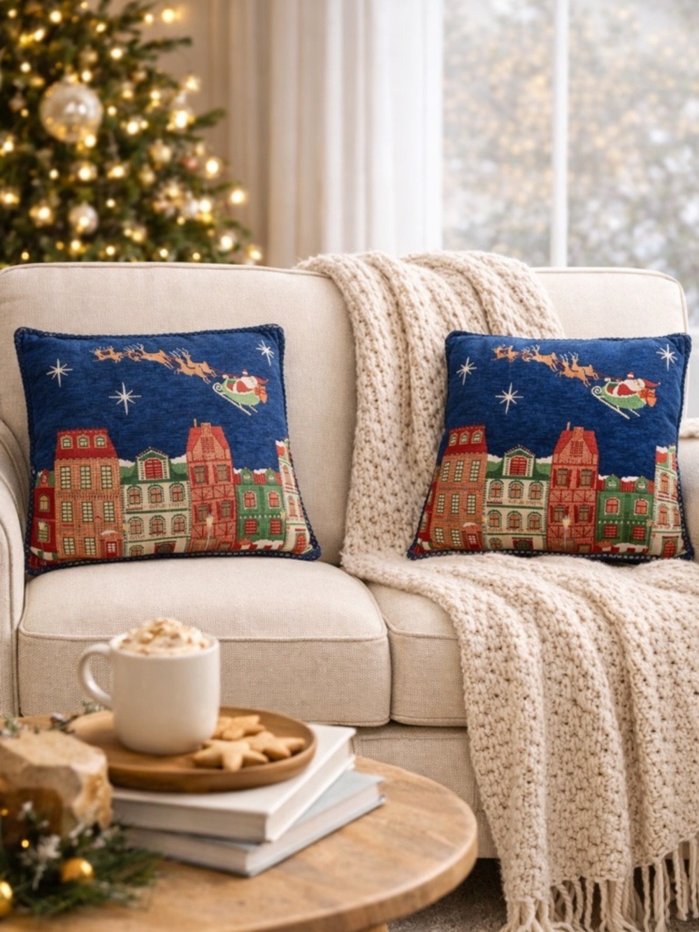SET OF 2 VINTAGE SANTA SCENE BLUE CHRISTMAS PILLOW HOLIDAY DECOR FARMHOUSE 16x16